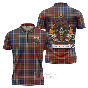 Christie Tartan Zipper Polo Shirt with Family Crest and Bearded Skull Holding Bottles of Whiskey