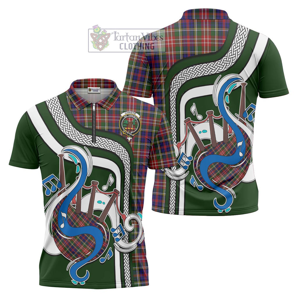 Christie Tartan Zipper Polo Shirt with Epic Bagpipe Style Unisex - Tartanvibesclothing Shop