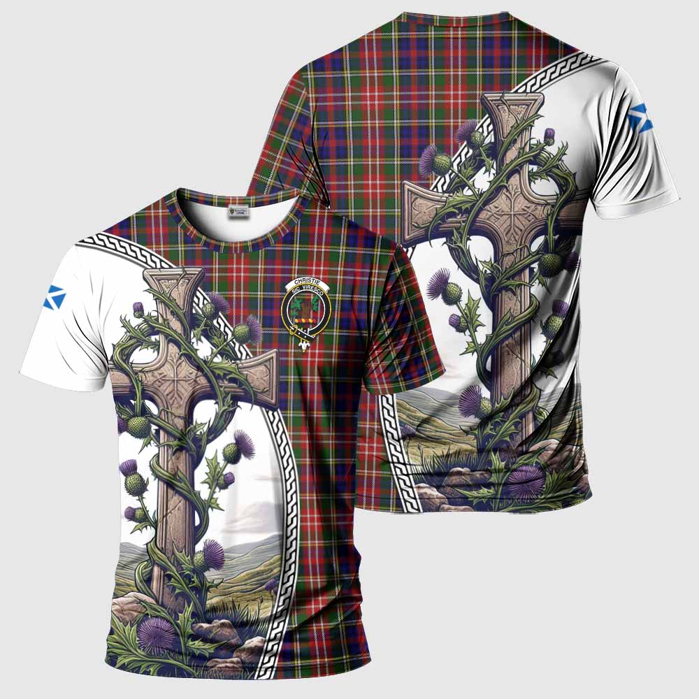 Tartan Vibes Clothing Christie Agnew Tartan T-Shirt with Family Crest and St. Andrew's Cross Accented by Thistle Vines