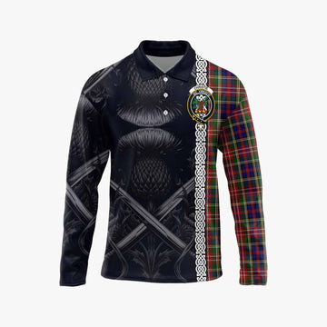 Christie Tartan Long Sleeve Polo Shirt with Family Crest Cross Sword Thistle Celtic Vibes