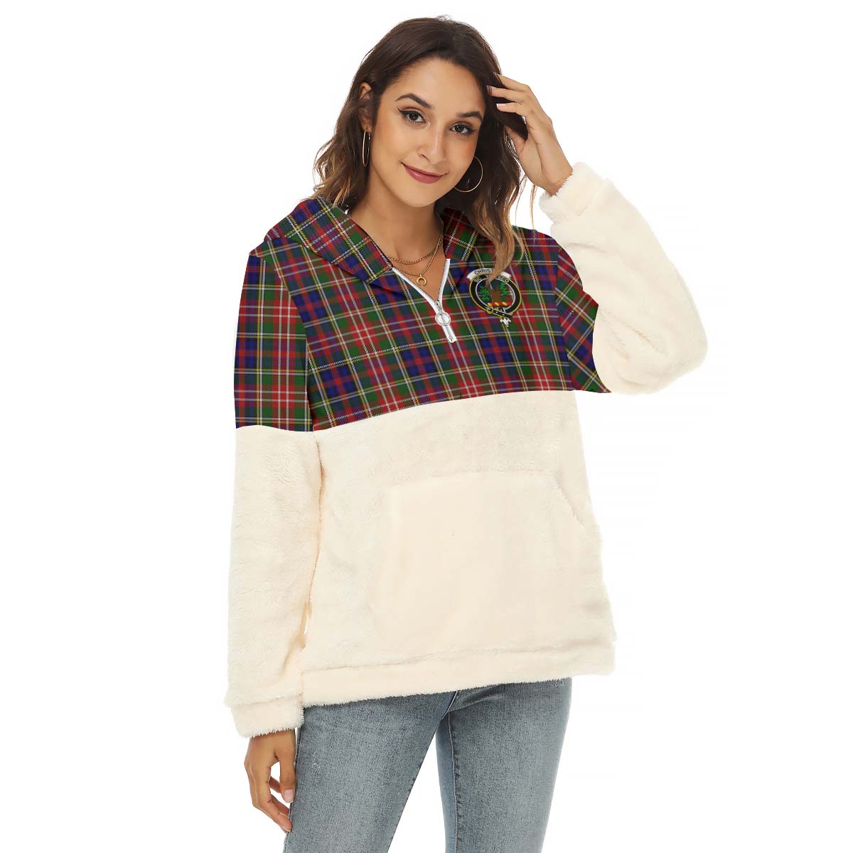 Christie Tartan Women's Borg Fleece Hoodie With Half Zip with Family Crest Female - Tartan Vibes Clothing