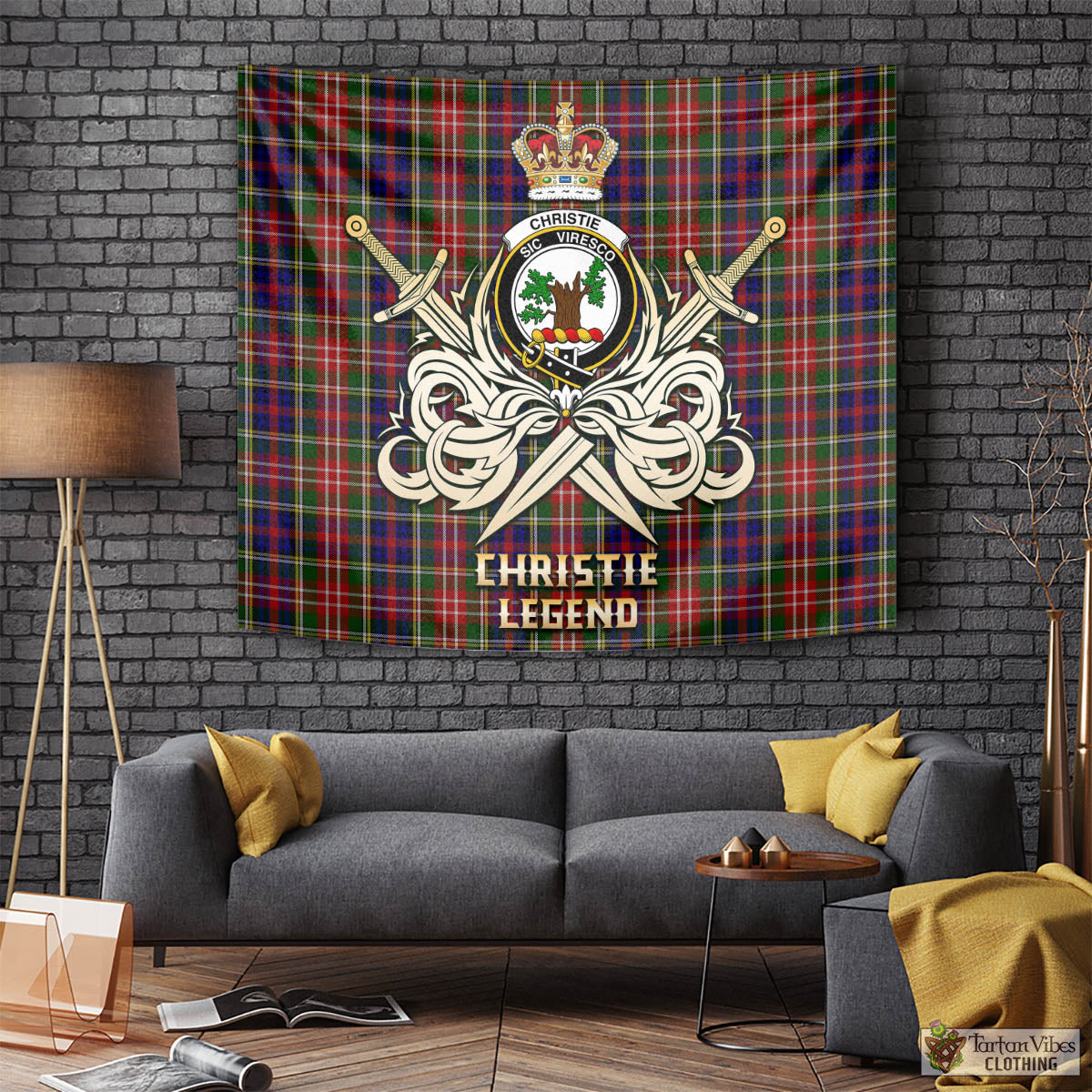 Tartan Vibes Clothing Christie Tartan Tapestry with Clan Crest and the Golden Sword of Courageous Legacy