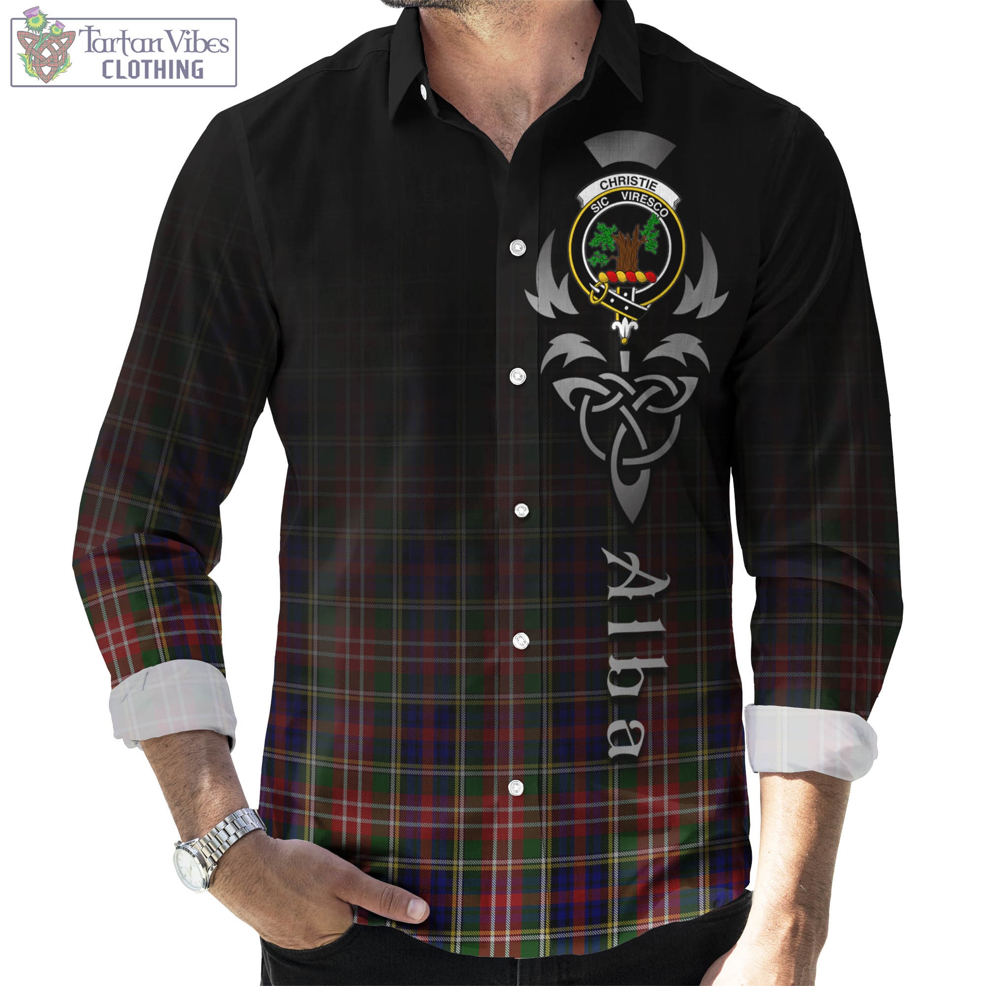 Tartan Vibes Clothing Christie Tartan Long Sleeve Button Up Featuring Alba Gu Brath Family Crest Celtic Inspired