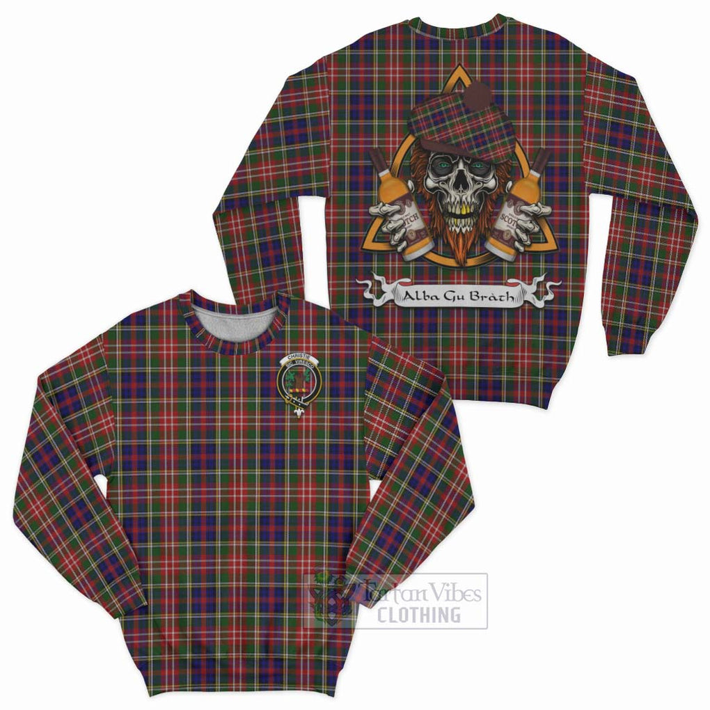 Tartan Vibes Clothing Christie Tartan Sweatshirt with Family Crest and Bearded Skull Holding Bottles of Whiskey