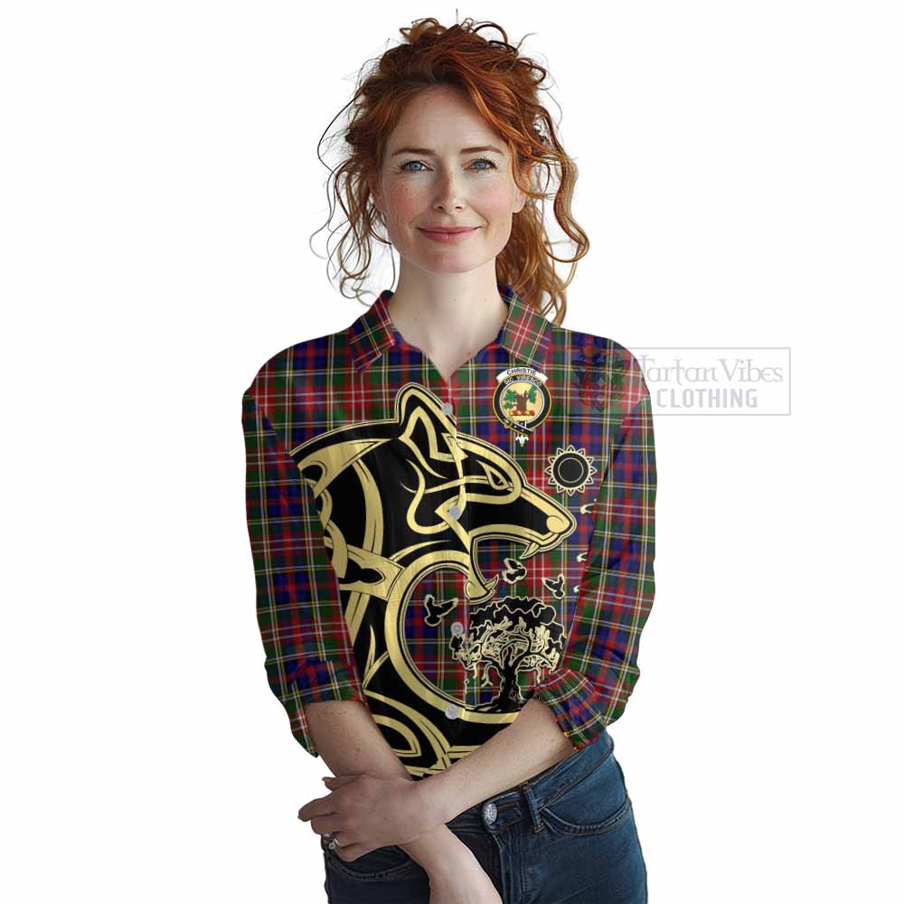 Tartan Vibes Clothing Christie Tartan Women's Casual Shirt with Family Crest Celtic Wolf Style