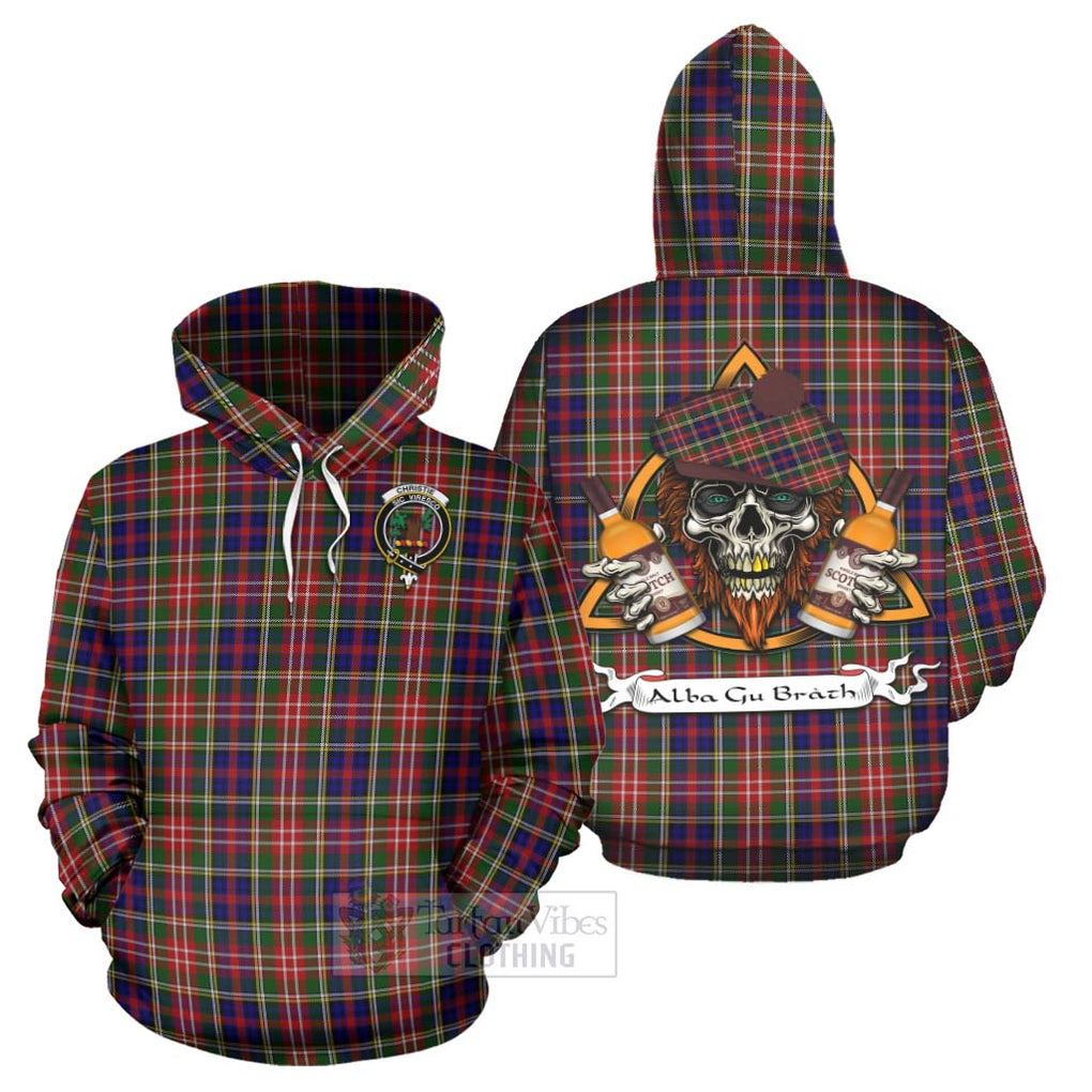 Tartan Vibes Clothing Christie Tartan Hoodie with Family Crest and Bearded Skull Holding Bottles of Whiskey