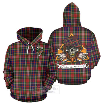 Christie Tartan Hoodie with Family Crest and Bearded Skull Holding Bottles of Whiskey