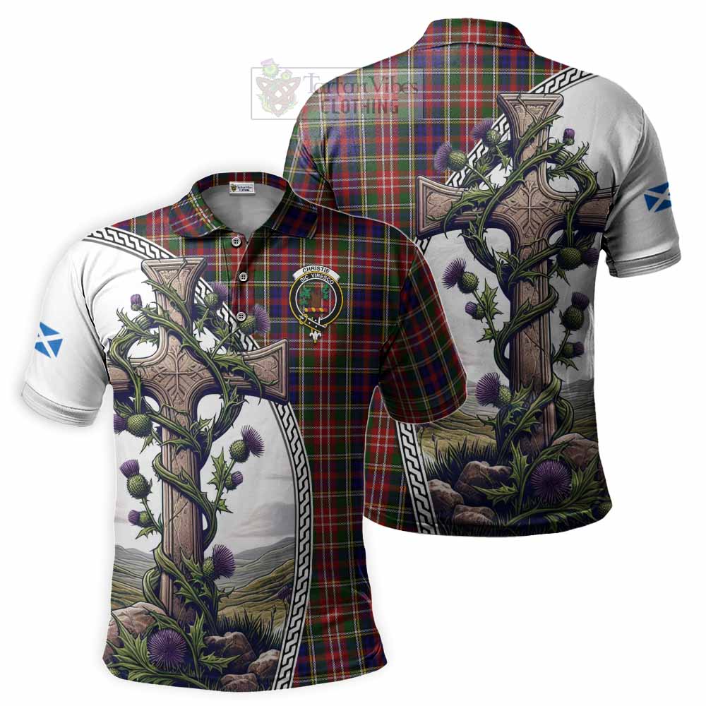 Tartan Vibes Clothing Christie Tartan Polo Shirt with Family Crest and St. Andrew's Cross Accented by Thistle Vines