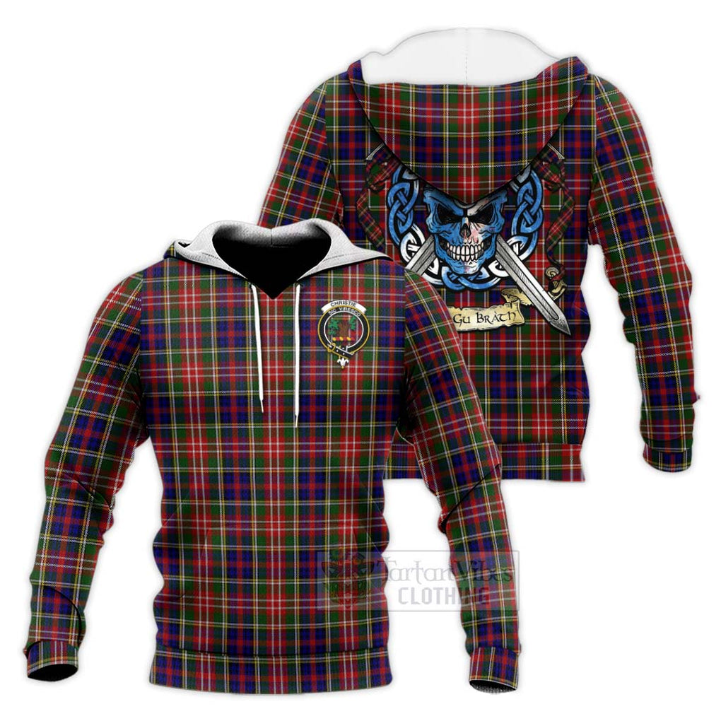 Tartan Vibes Clothing Christie Tartan Knitted Hoodie with Family Crest Celtic Skull Style