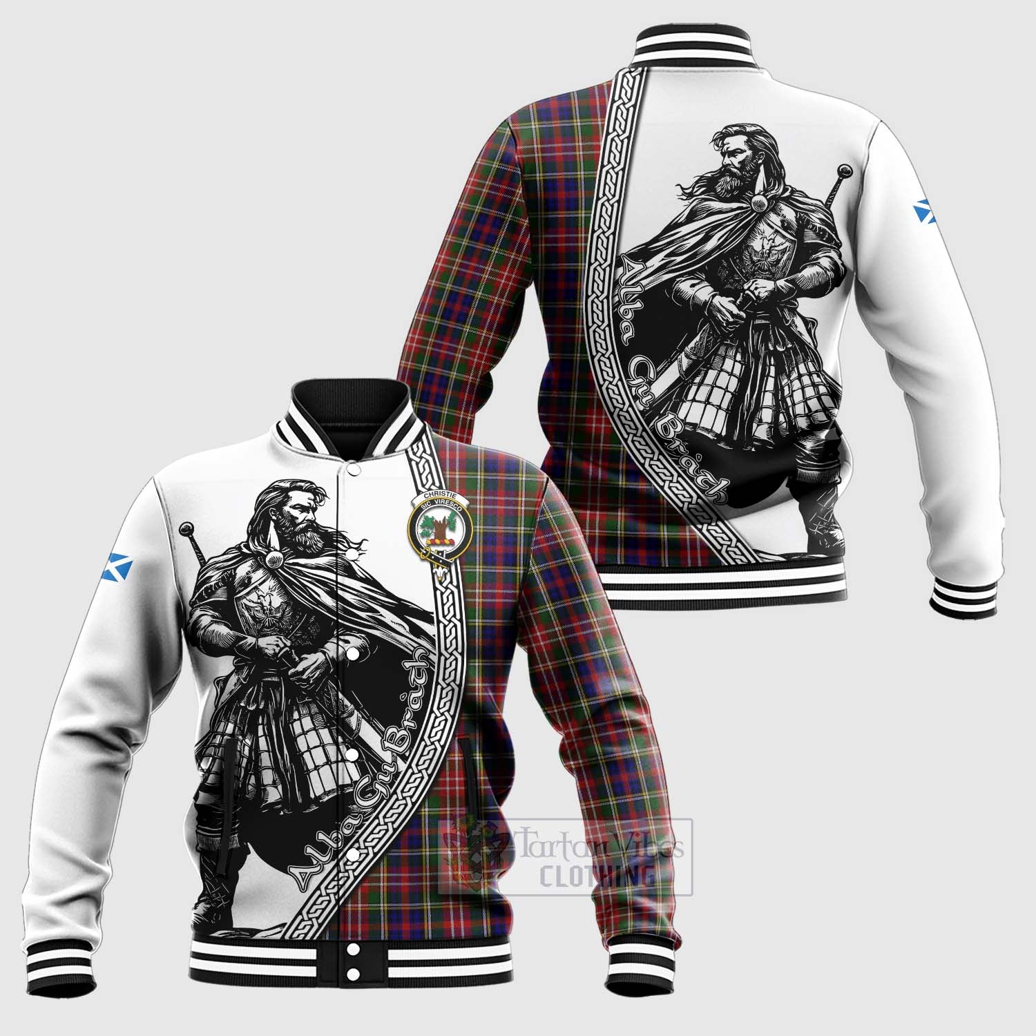 Tartan Vibes Clothing Christie Tartan Clan Crest Baseball Jacket with Highlander Warrior Celtic Style