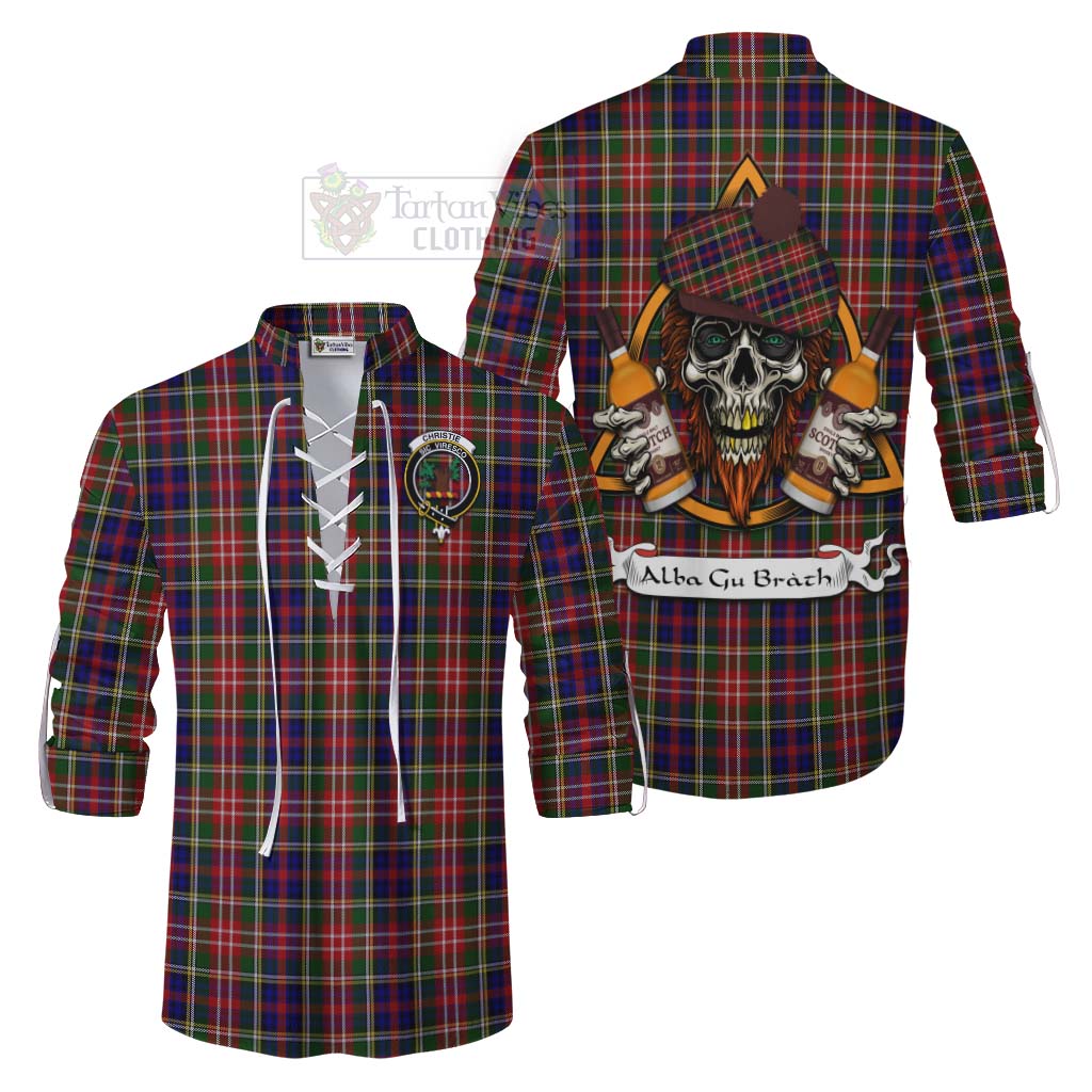 Tartan Vibes Clothing Christie Tartan Ghillie Kilt Shirt with Family Crest and Bearded Skull Holding Bottles of Whiskey