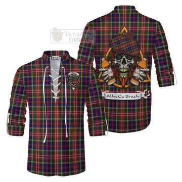 Christie Tartan Ghillie Kilt Shirt with Family Crest and Bearded Skull Holding Bottles of Whiskey