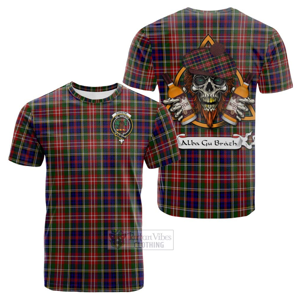 Tartan Vibes Clothing Christie Tartan Cotton T-shirt with Family Crest and Bearded Skull Holding Bottles of Whiskey