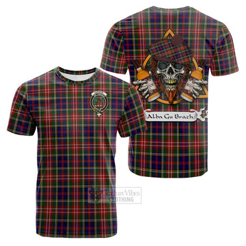 Christie Tartan Cotton T-shirt with Family Crest and Bearded Skull Holding Bottles of Whiskey