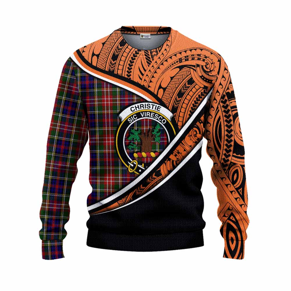 Tartan Vibes Clothing Christie Crest Tartan Knitted Sweater with Maori Tattoo Style - Orange Version