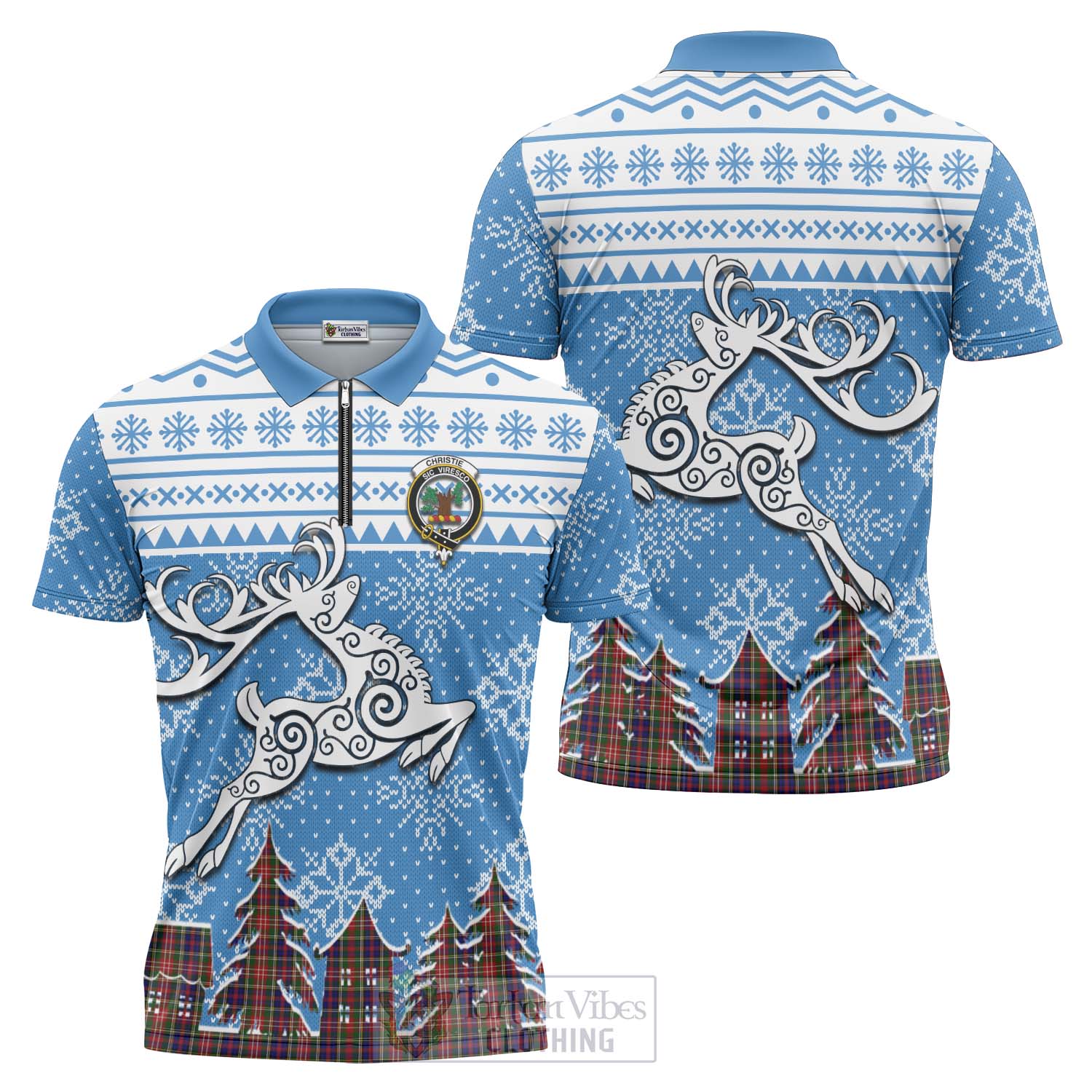 Tartan Vibes Clothing Christie Clan Christmas Zipper Polo Shirt Celtic Reindeer Style