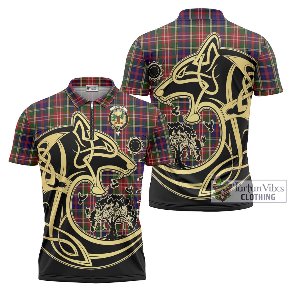 Christie Tartan Zipper Polo Shirt with Family Crest Celtic Wolf Style Unisex - Tartanvibesclothing Shop