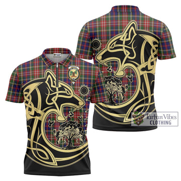 Christie Tartan Zipper Polo Shirt with Family Crest Celtic Wolf Style