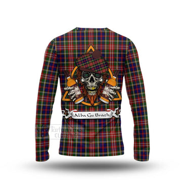 Christie Tartan Long Sleeve T-Shirt with Family Crest and Bearded Skull Holding Bottles of Whiskey