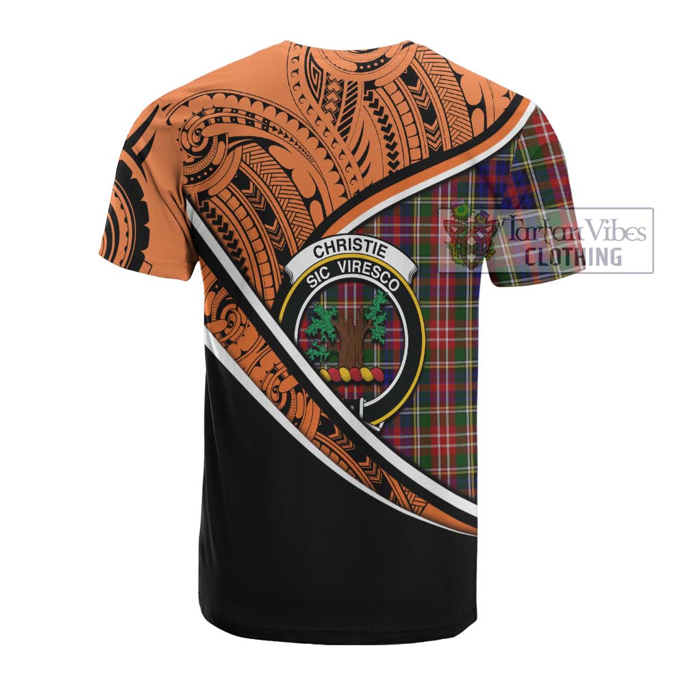 Tartan Vibes Clothing Christie Crest Tartan Cotton T-shirt with Maori Tattoo Style - Orange Version