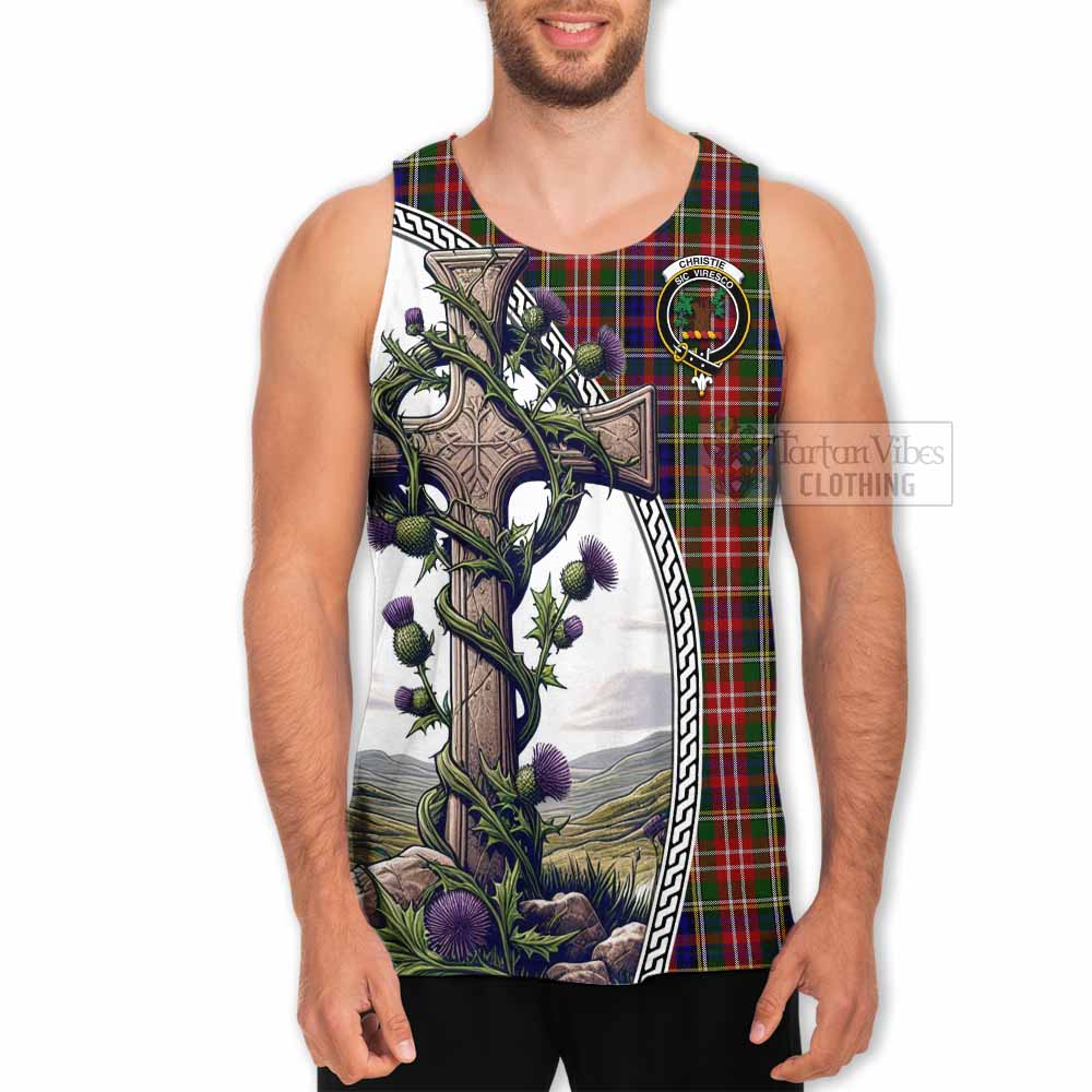 Tartan Vibes Clothing Christie Tartan Men's Tank Top with Family Crest and St. Andrew's Cross Accented by Thistle Vines