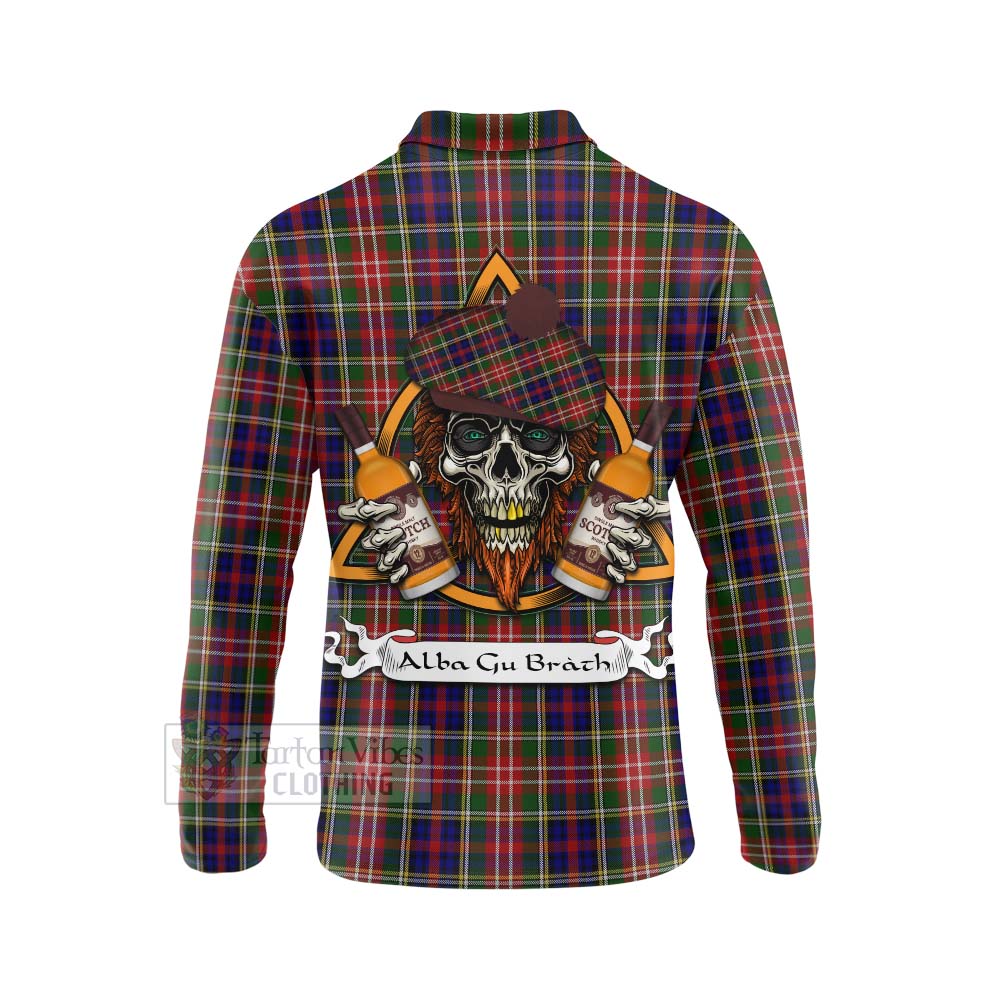 Tartan Vibes Clothing Christie Tartan Long Sleeve Polo Shirt with Family Crest and Bearded Skull Holding Bottles of Whiskey