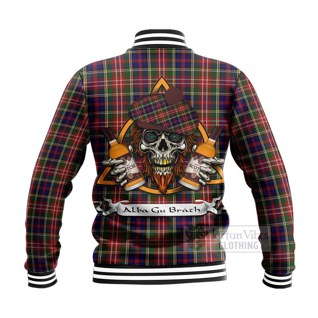 Tartan Vibes Clothing Christie Tartan Baseball Jacket with Family Crest and Bearded Skull Holding Bottles of Whiskey