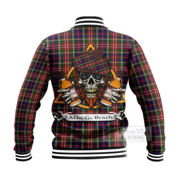 Christie Tartan Baseball Jacket with Family Crest and Bearded Skull Holding Bottles of Whiskey