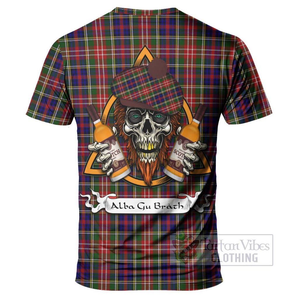 Tartan Vibes Clothing Christie Tartan T-Shirt with Family Crest and Bearded Skull Holding Bottles of Whiskey