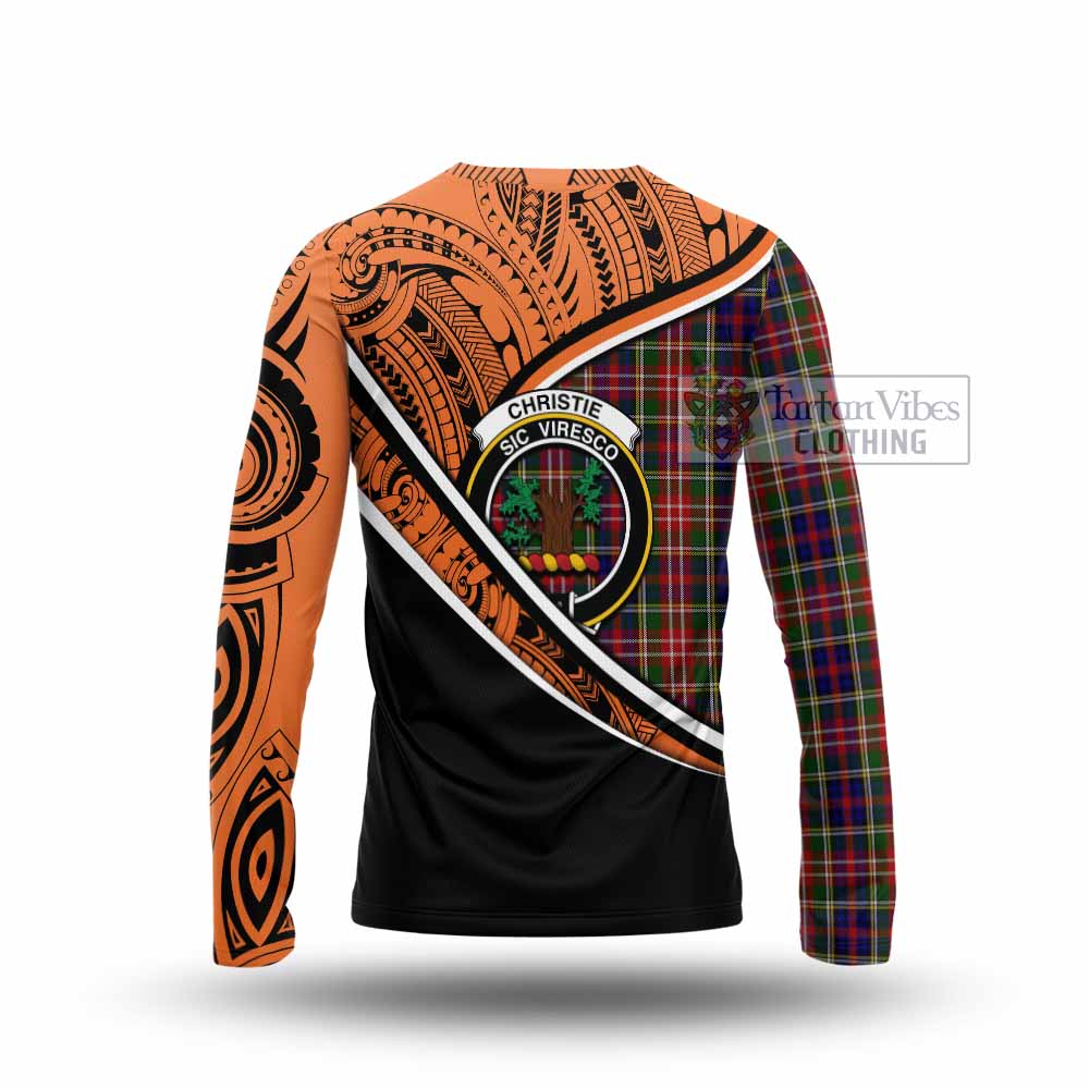 Tartan Vibes Clothing Christie Crest Tartan Long Sleeve T-Shirt with Maori Tattoo Style - Orange Version