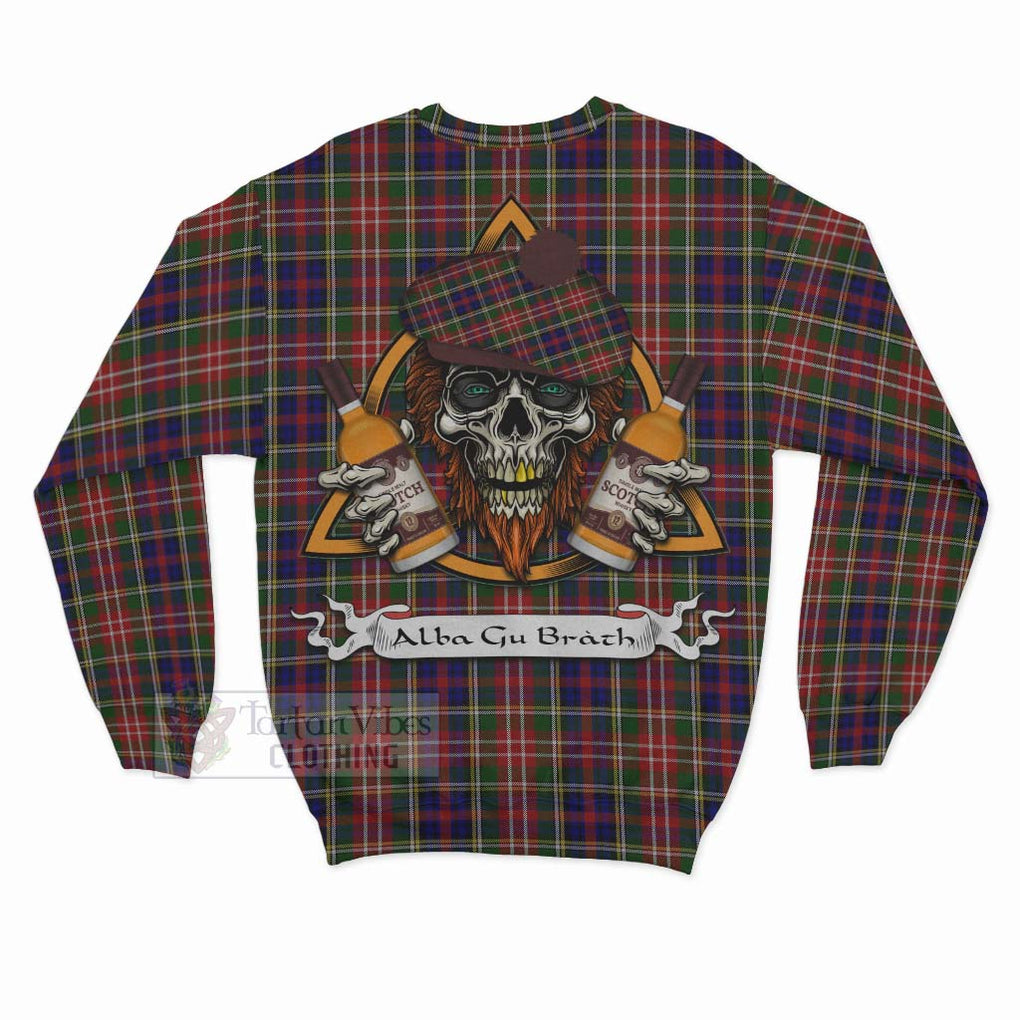 Tartan Vibes Clothing Christie Tartan Sweatshirt with Family Crest and Bearded Skull Holding Bottles of Whiskey