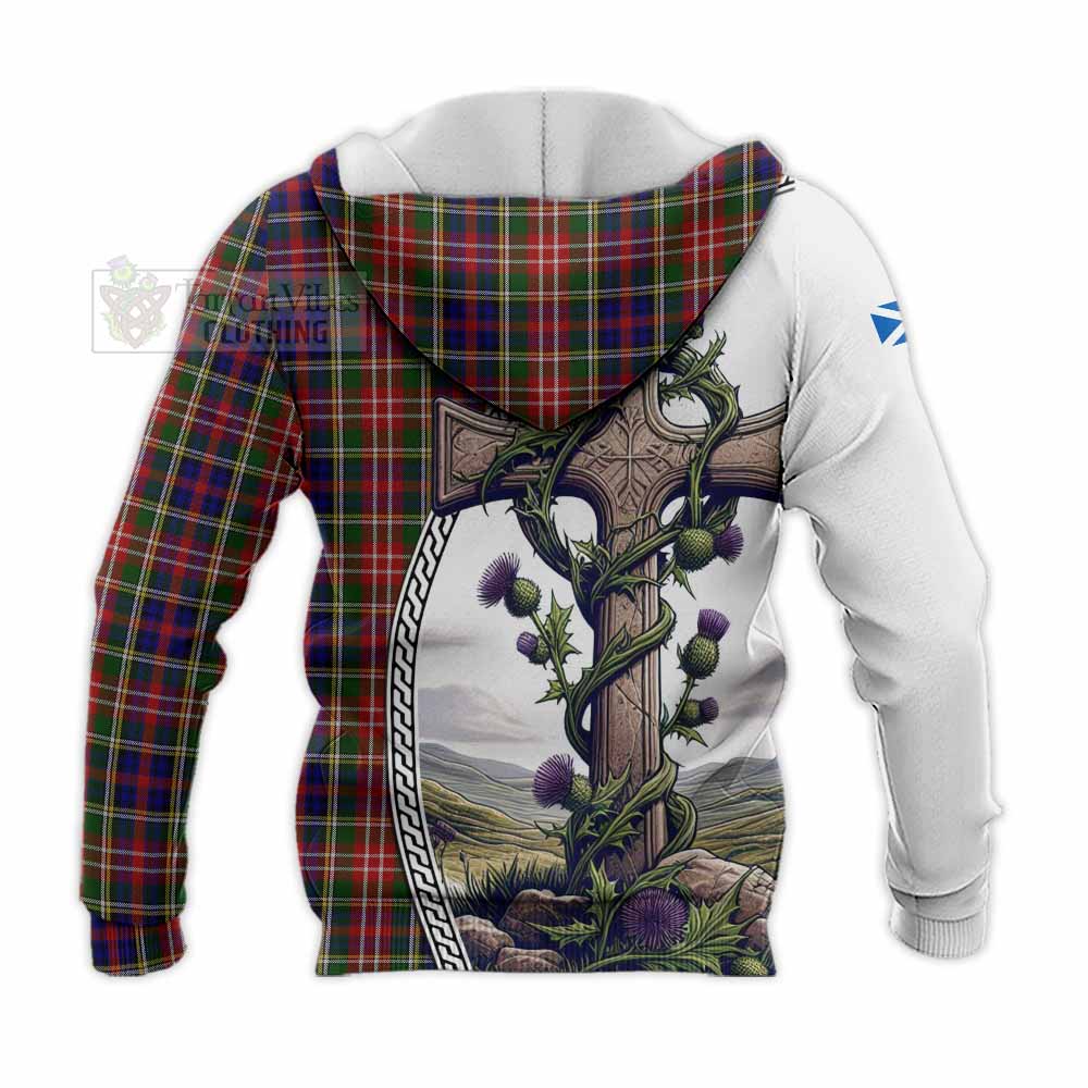 Tartan Vibes Clothing Christie Tartan Knitted Hoodie with Family Crest and St. Andrew's Cross Accented by Thistle Vines