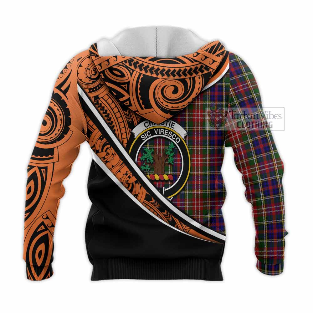 Tartan Vibes Clothing Christie Crest Tartan Knitted Hoodie with Maori Tattoo Style - Orange Version