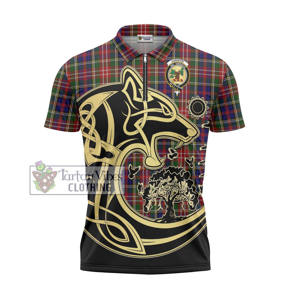 Christie Tartan Zipper Polo Shirt with Family Crest Celtic Wolf Style - Tartanvibesclothing Shop