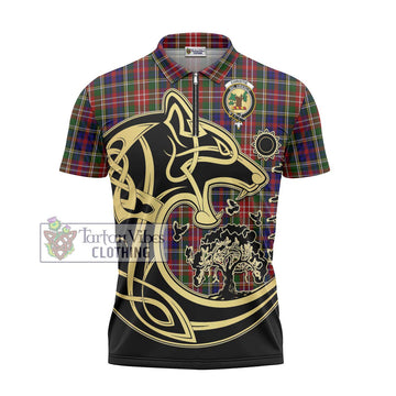 Christie Tartan Zipper Polo Shirt with Family Crest Celtic Wolf Style