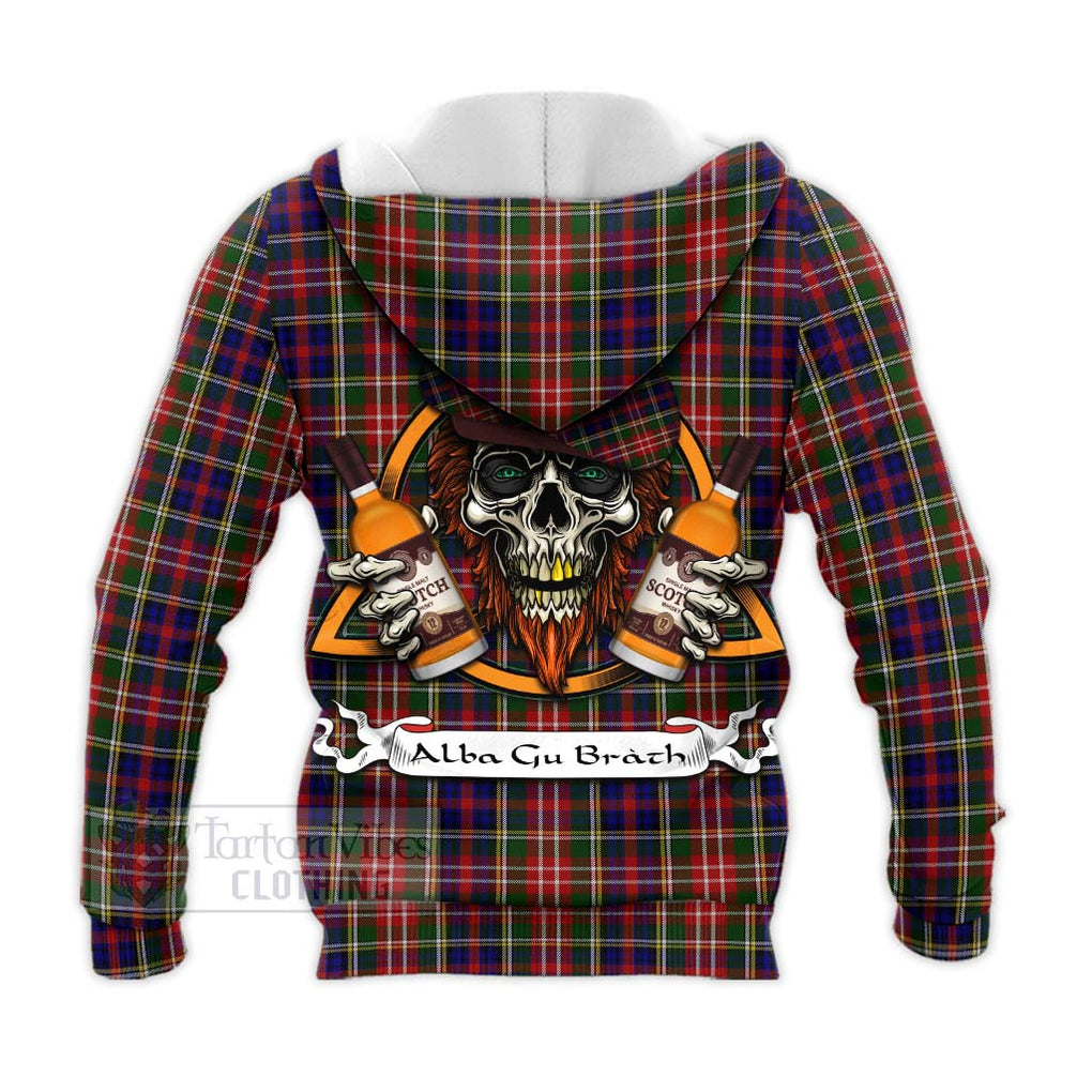 Tartan Vibes Clothing Christie Tartan Knitted Hoodie with Family Crest and Bearded Skull Holding Bottles of Whiskey