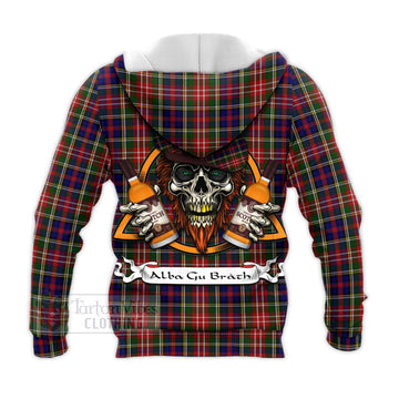 Christie Tartan Knitted Hoodie with Family Crest and Bearded Skull Holding Bottles of Whiskey