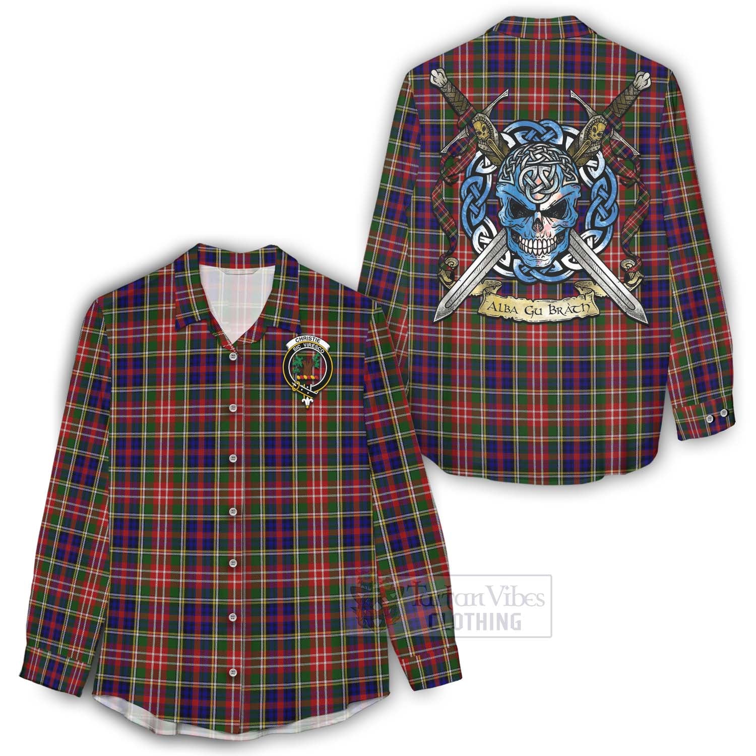 Tartan Vibes Clothing Christie Tartan Women's Casual Shirt with Family Crest Celtic Skull Style