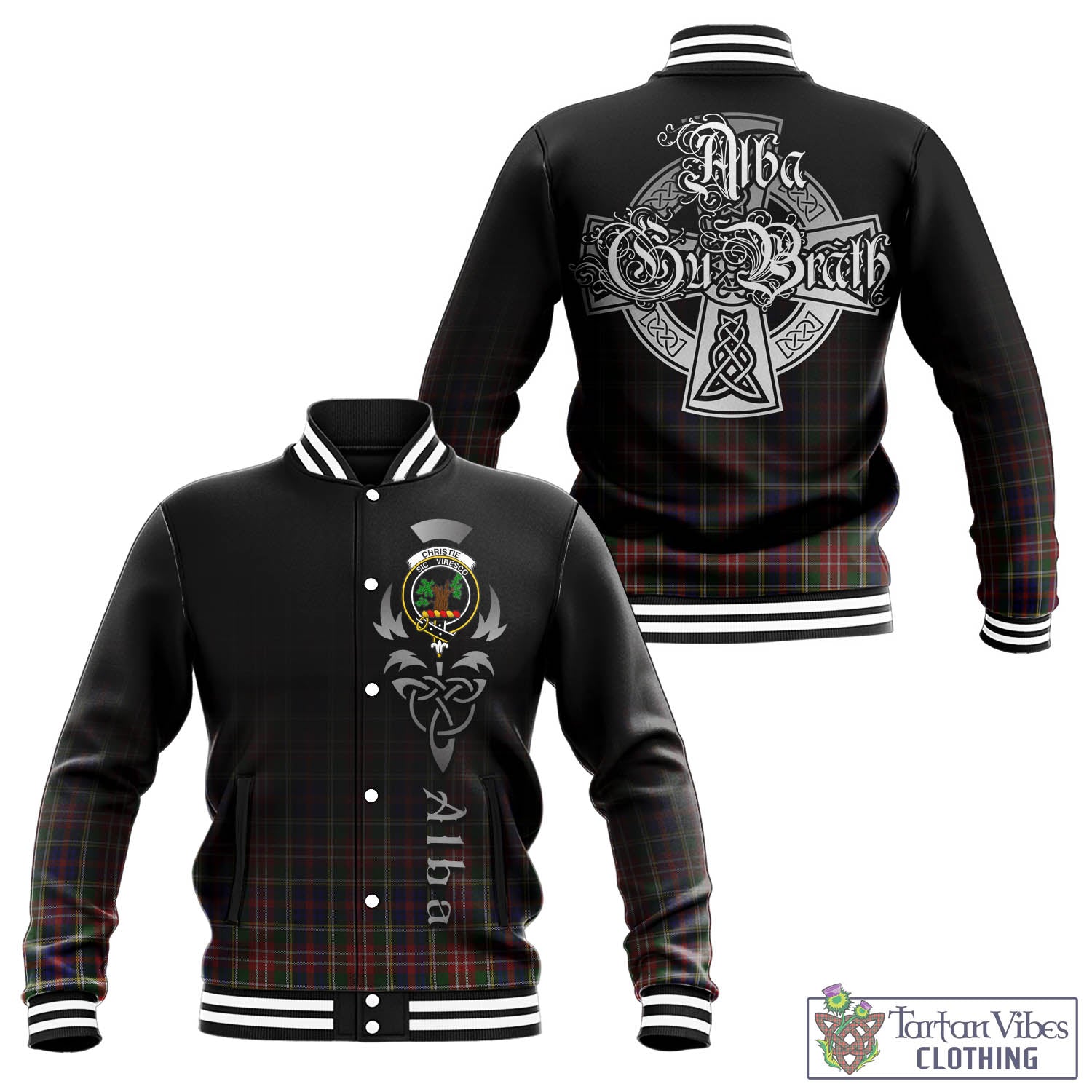 Tartan Vibes Clothing Christie Tartan Baseball Jacket Featuring Alba Gu Brath Family Crest Celtic Inspired