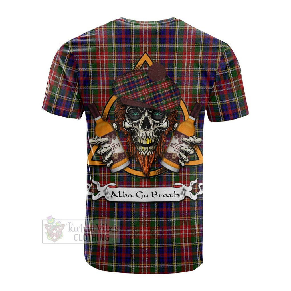 Tartan Vibes Clothing Christie Tartan Cotton T-shirt with Family Crest and Bearded Skull Holding Bottles of Whiskey