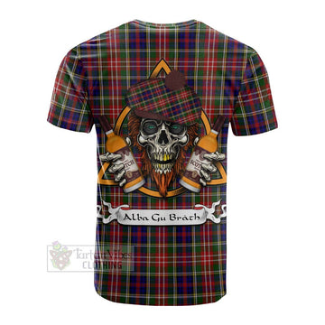 Christie Tartan Cotton T-shirt with Family Crest and Bearded Skull Holding Bottles of Whiskey