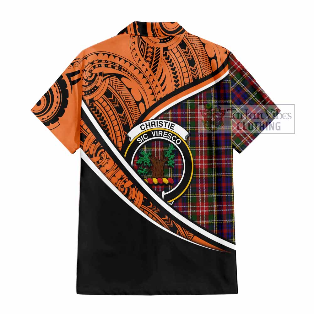 Tartan Vibes Clothing Christie Crest Tartan Short Sleeve Button Shirt with Maori Tattoo Style - Orange Version