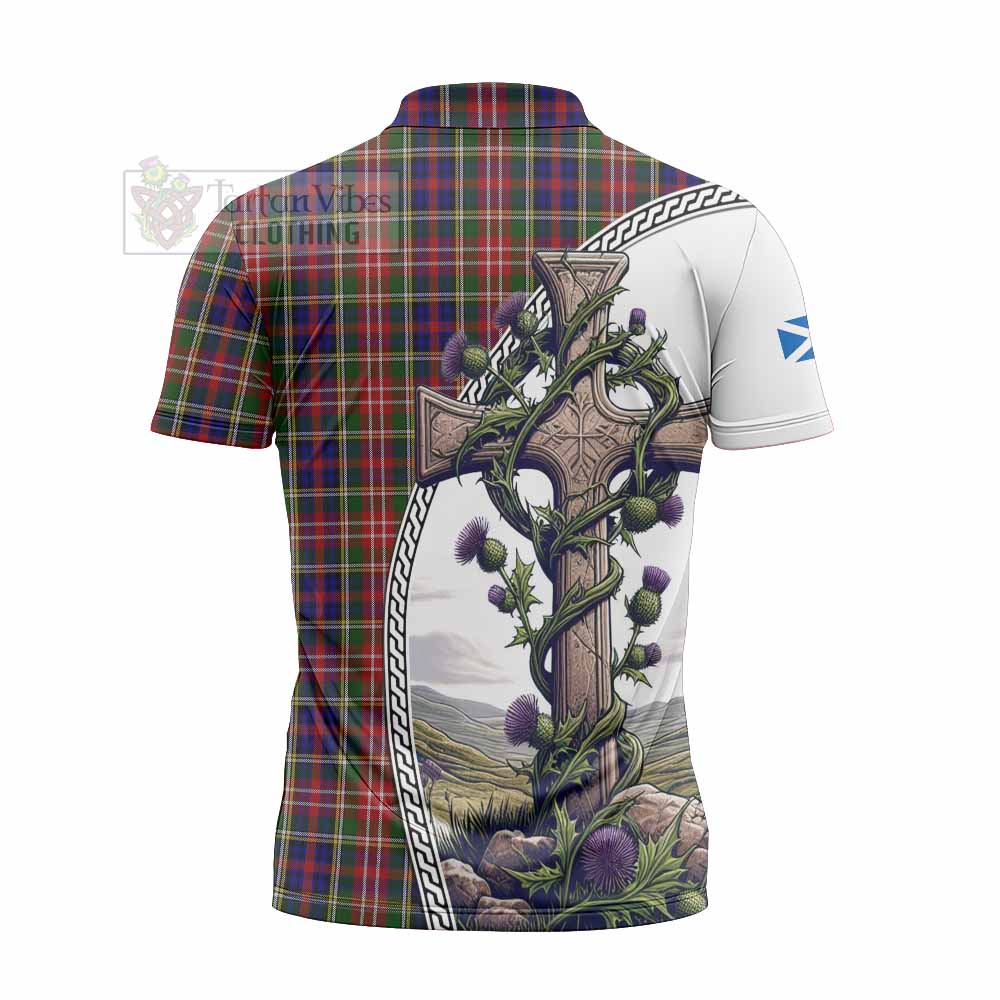 Tartan Vibes Clothing Christie Tartan Zipper Polo Shirt with Family Crest and St. Andrew's Cross Accented by Thistle Vines