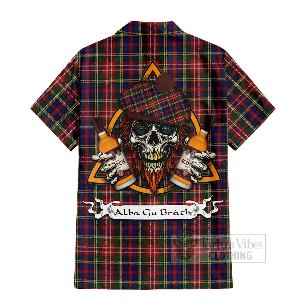 Tartan Vibes Clothing Christie Tartan Short Sleeve Button Shirt with Family Crest and Bearded Skull Holding Bottles of Whiskey