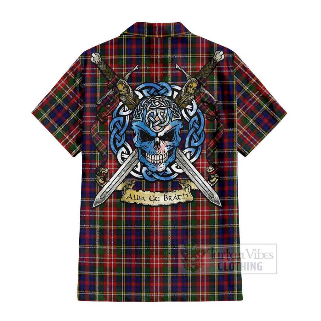 Tartan Vibes Clothing Christie Tartan Short Sleeve Button Shirt with Family Crest Celtic Skull Style