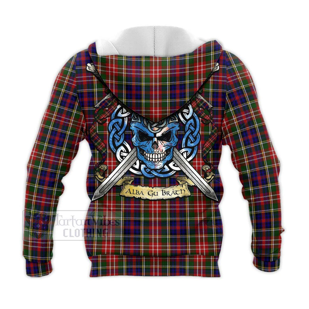 Tartan Vibes Clothing Christie Tartan Knitted Hoodie with Family Crest Celtic Skull Style