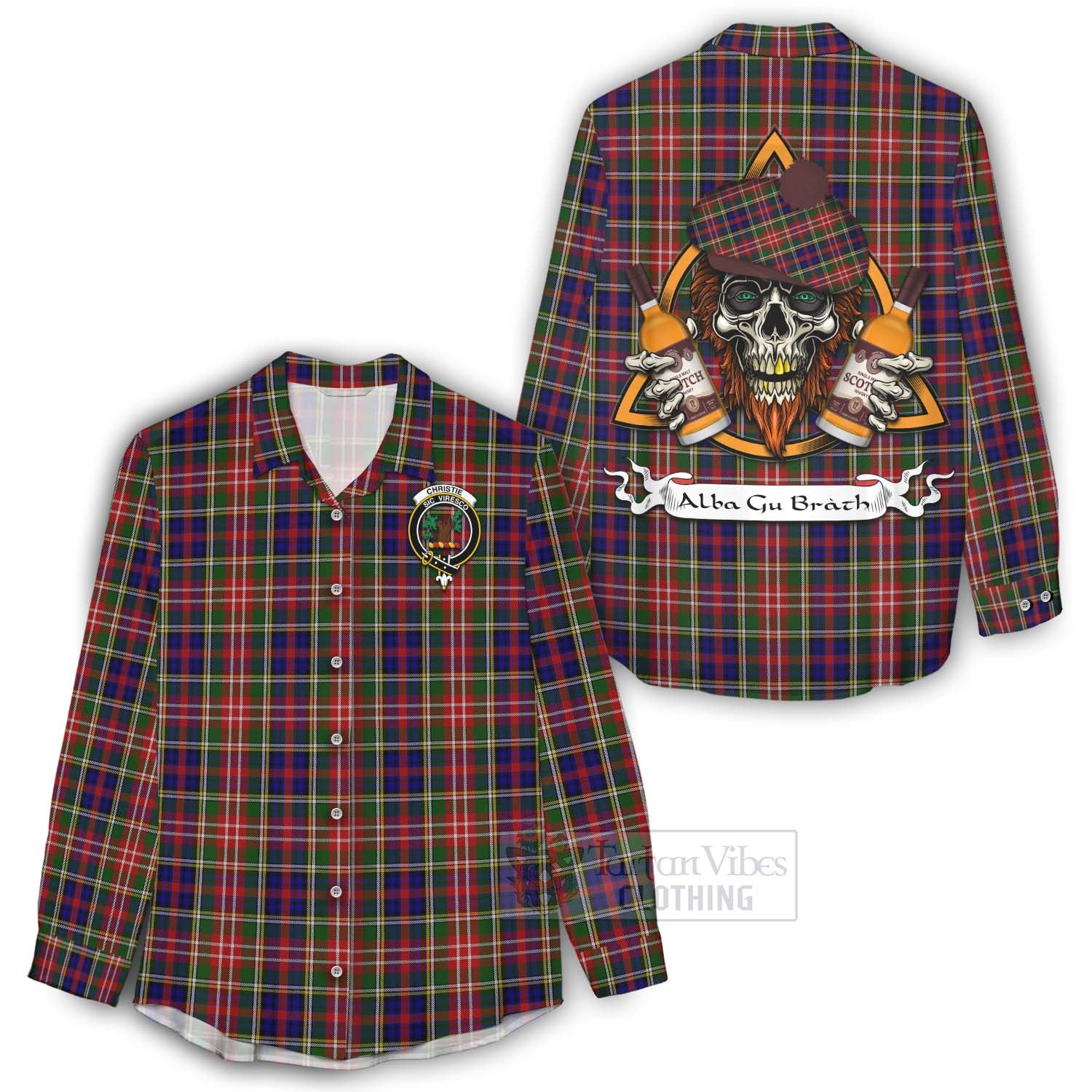 Tartan Vibes Clothing Christie Tartan Women's Casual Shirt with Family Crest and Bearded Skull Holding Bottles of Whiskey