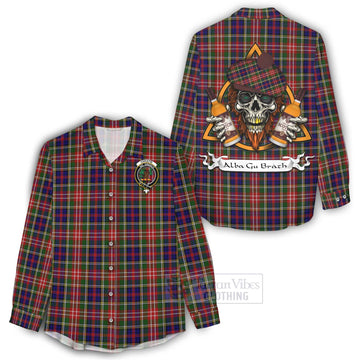 Christie Tartan Women's Casual Shirt with Family Crest and Bearded Skull Holding Bottles of Whiskey