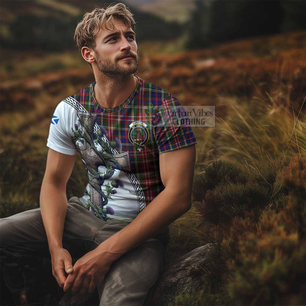 Tartan Vibes Clothing Christie Agnew Tartan T-Shirt with Family Crest and St. Andrew's Cross Accented by Thistle Vines