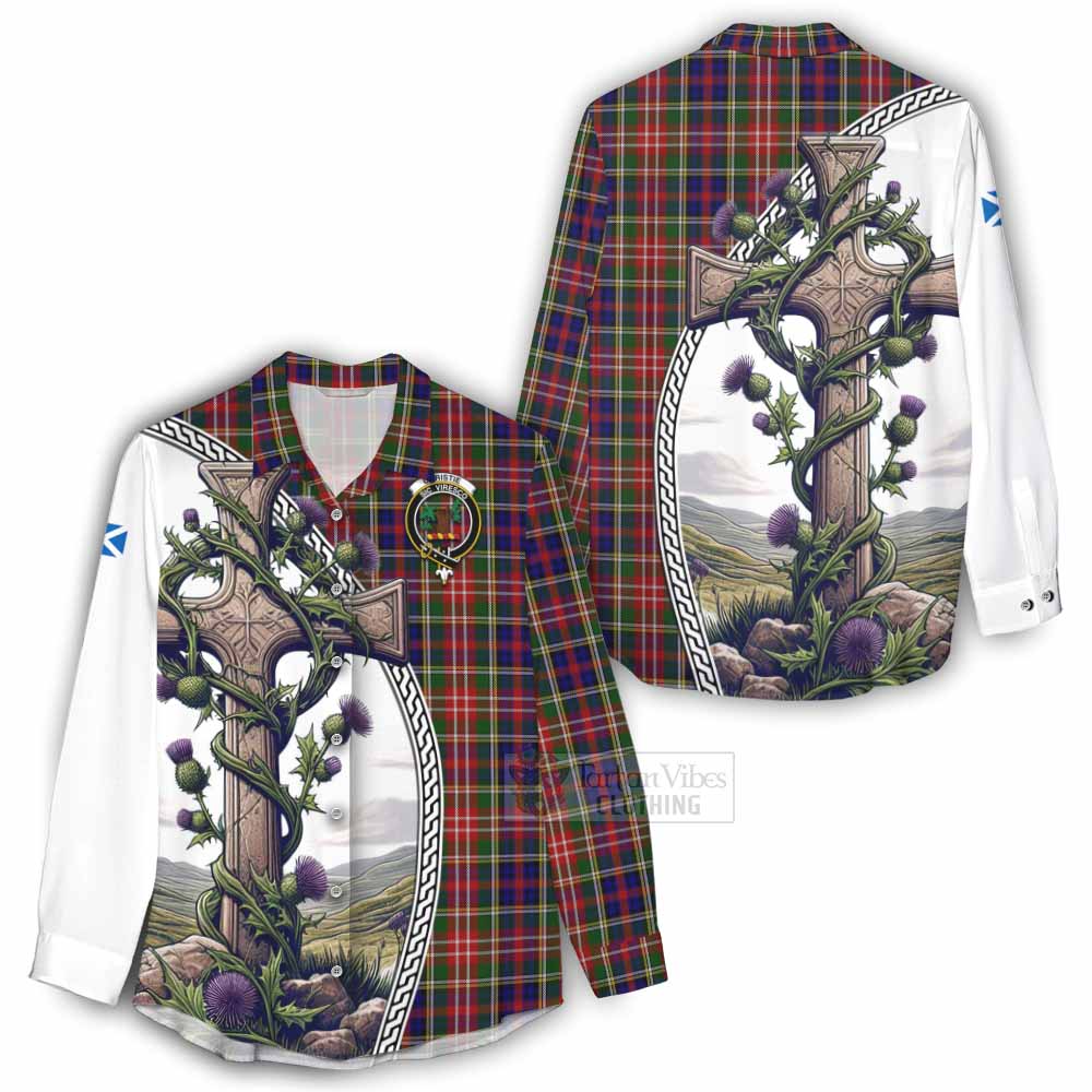 Tartan Vibes Clothing Christie Tartan Women's Casual Shirt with Family Crest and St. Andrew's Cross Accented by Thistle Vines